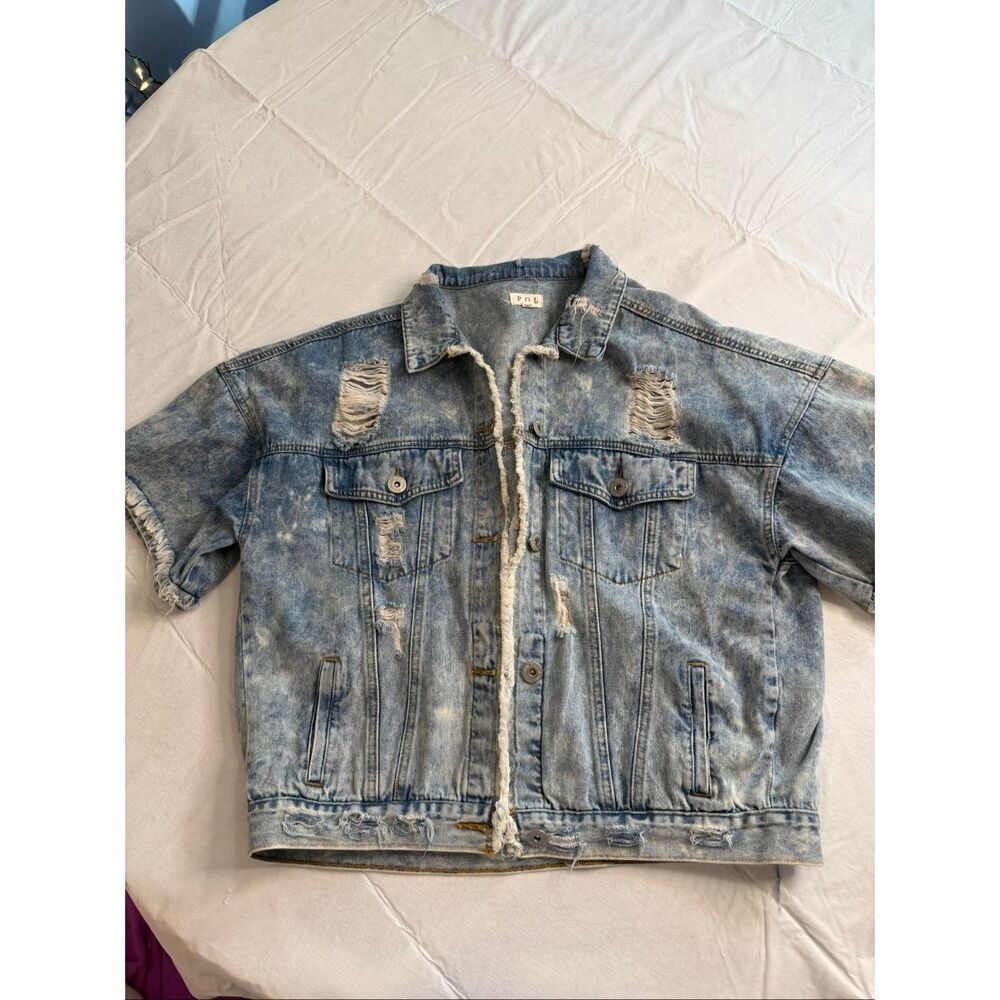 POL Women’s Destroyed Distressed Short Sleeve Denim Jacket Size Medium